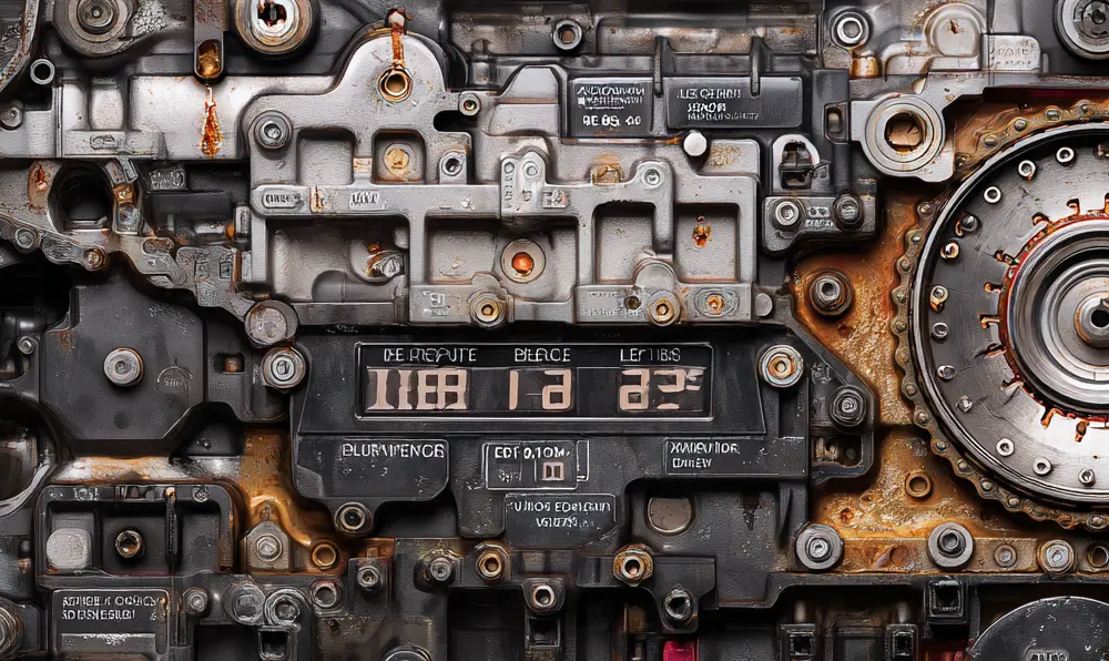 Gros plan courroie de distribution PureTech baignée d’huile, illustration technique