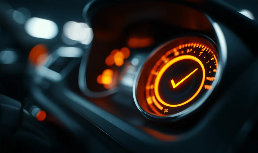 Tableau de bord affichant un voyant moteur orange allumé sans perte de puissance