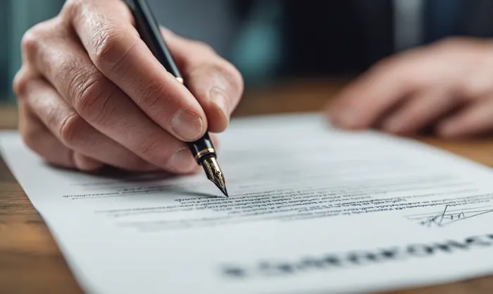 Mains en train de signer un contrat de cession d’auto‑école dans un bureau