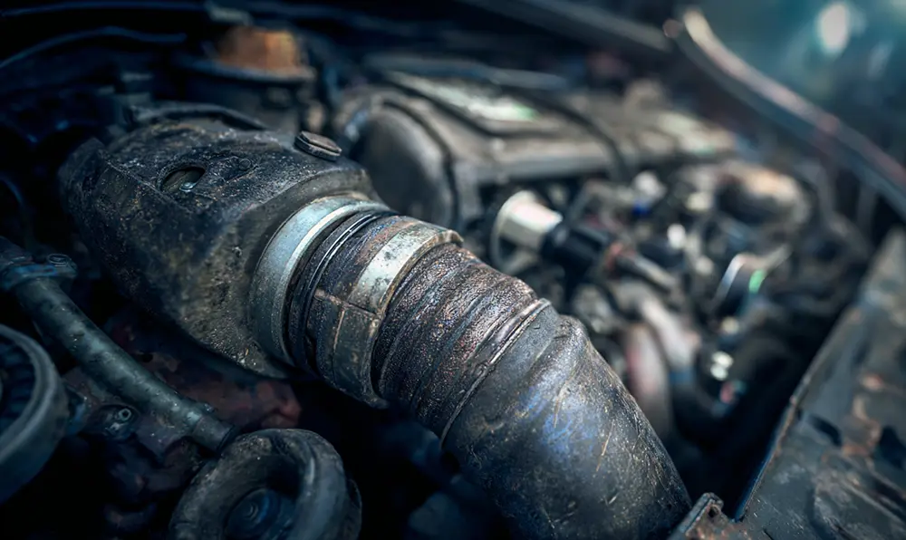 Photo du moteur d’un Kangoo 2 avec la durite d’admission visible