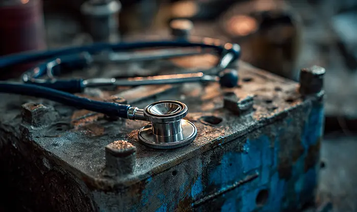 Stéthoscope mécanique posé sur bloc moteur usé
