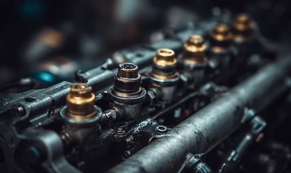 Vue en coupe d’un moteur avec injecteurs, bielles et poussoirs mécaniques