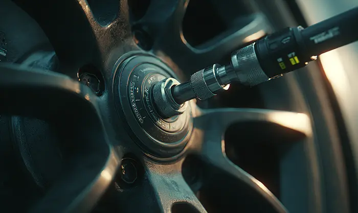 Serrage d’un écrou de roue avec clé dynamométrique, échelle de couple visible