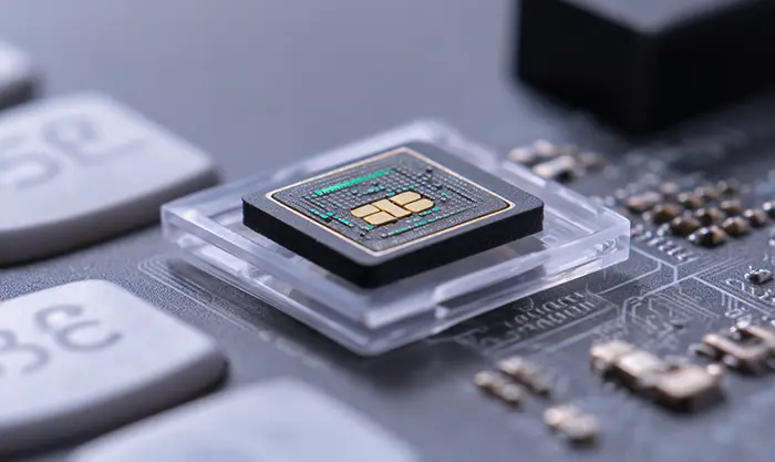 Carte PVC blanche transparente montrant une puce RFID EM4100 intégrée