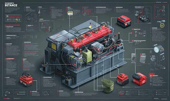 Illustration style tableau comparatif batterie, solénoïde, relais, démarreur