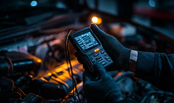 Technicien BMW connectant un scanner OBD à une prise moteur