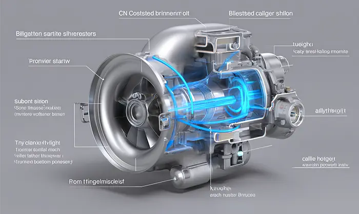 Vue en coupe technique d’un turbo hybride CNC, ailettes et carter