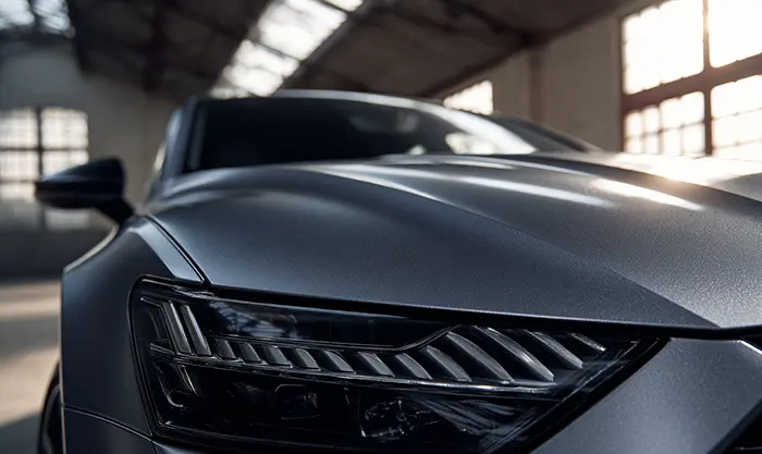 Capot gris Nardo montrant la finition opaque et profondeur minérale