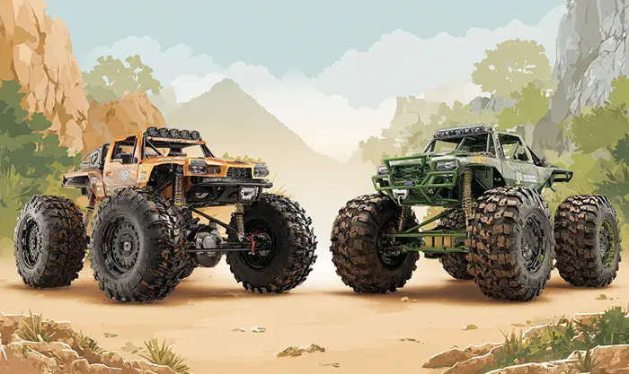 Buggy, monster truck et crawler posés sur sable, herbe et rochers en comparaison