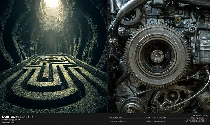 Côté gauche : labyrinthe ancien, côté droit : compartiment moteur moderne