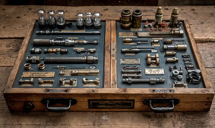 table avec pièces mécaniques anciennes variées et outils