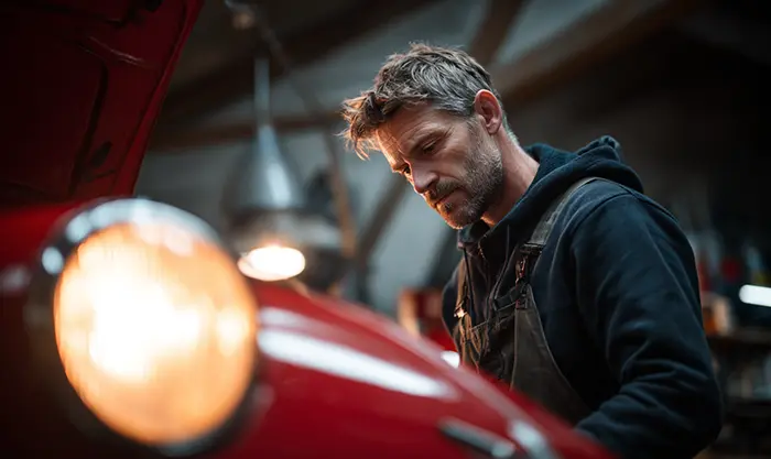 Usager inspectant une voiturette réparée avec confiance