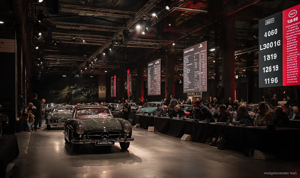 Salle d’enchères automobiles avec lots alignés et participants en salle