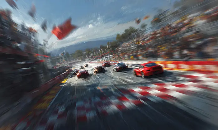 Voitures de compétition sur circuit avec drapeau à damiers