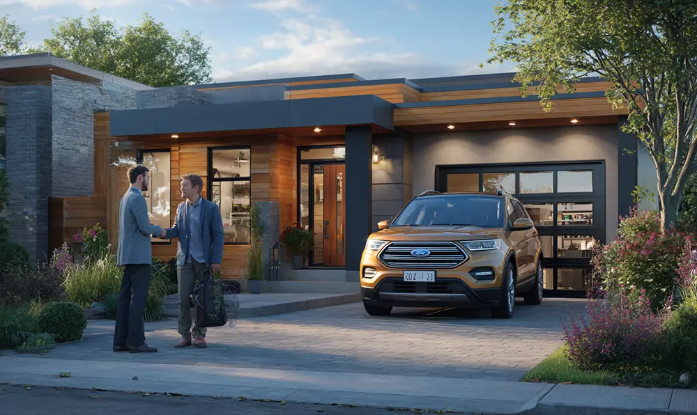 Voiture devant garage et client serrant la main du garagiste