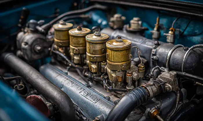 Gros plan sur le moteur / système d’injection ou turbo d’une BMW 2002