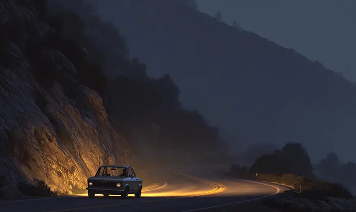 BMW 2002 roulant sur route de montagne dans une ambiance rétro