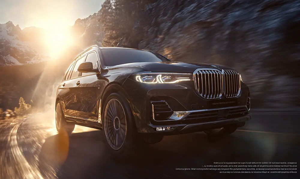 BMW X7 imposant sur route de montagne premium