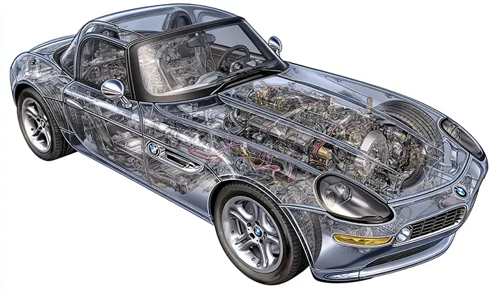 Vue en coupe du châssis en aluminium et du moteur V8 de la BMW Z8, rendu technique