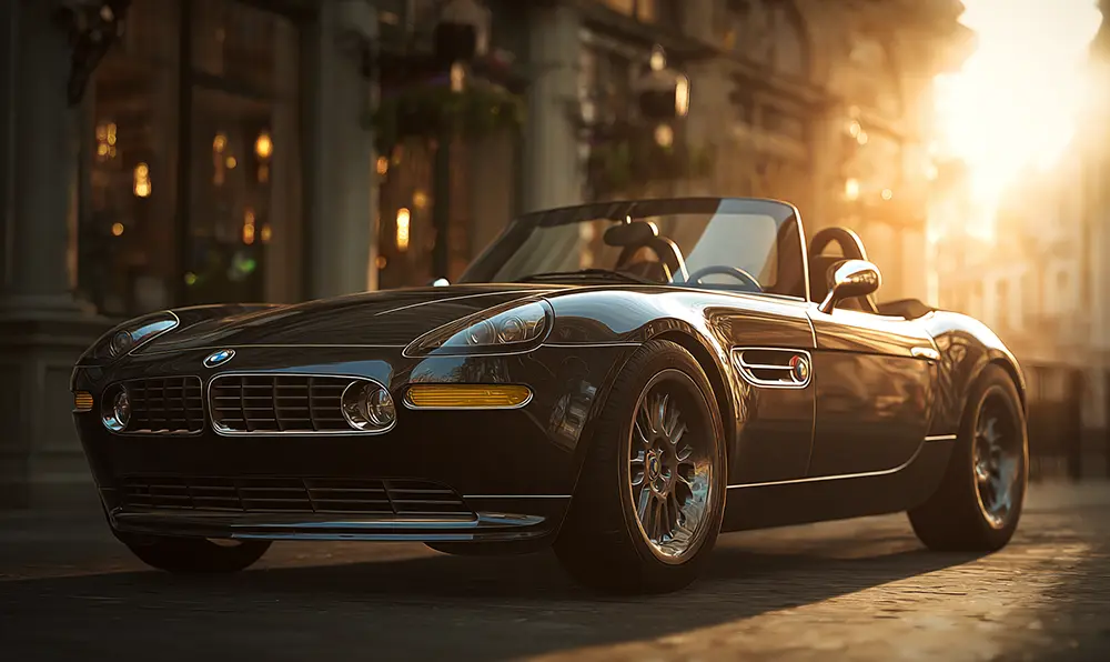 Vue avant d’une BMW Z8 dans une lumière dorée, voiture rétro‑moderne aux formes sculpturales