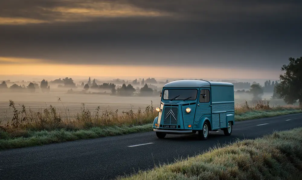 Vue vintage du Citroën C15 sur une route de campagne en France