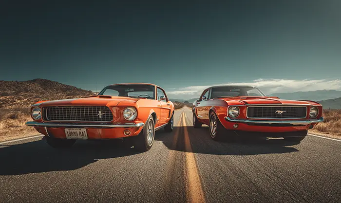 Ford Mustang et Chevrolet Camaro vintage alignées sur route, ambiance muscle car
