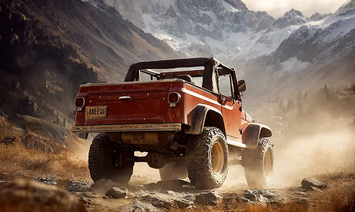 Jeepster Commando en action sur chemin montagneux