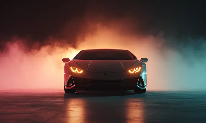 Voiture Lamborghini de face intégrant le taureau du logo à la calandre