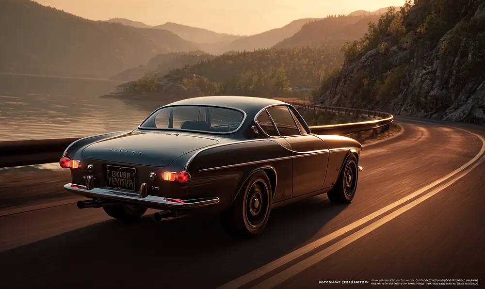 Volvo P1800 coupé classique sur route côtière au lever de soleil