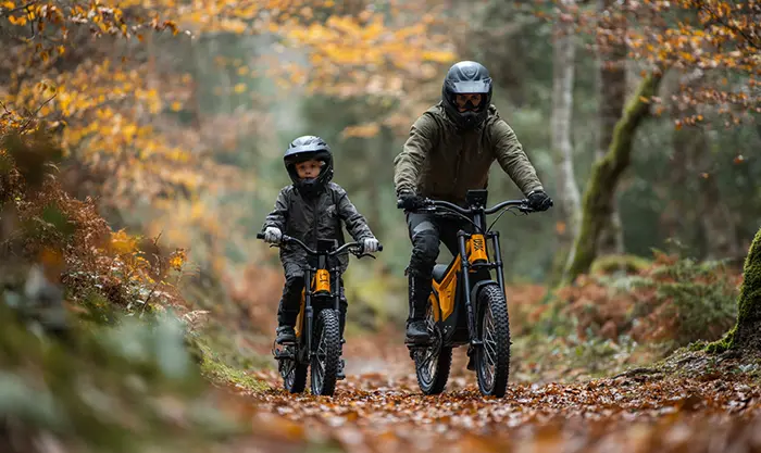 Adolescent et adulte sur mini motos électriques dans une forêt en automne
