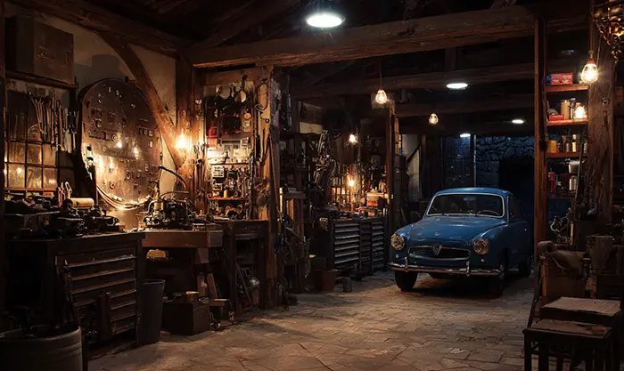 atelier restauration voiture ancienne avec pièces mécaniques