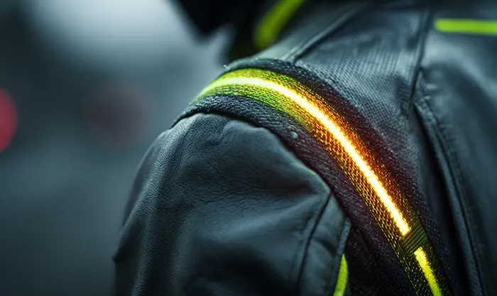 détail bande réfléchissante sur gilet moto éclairée par phare
