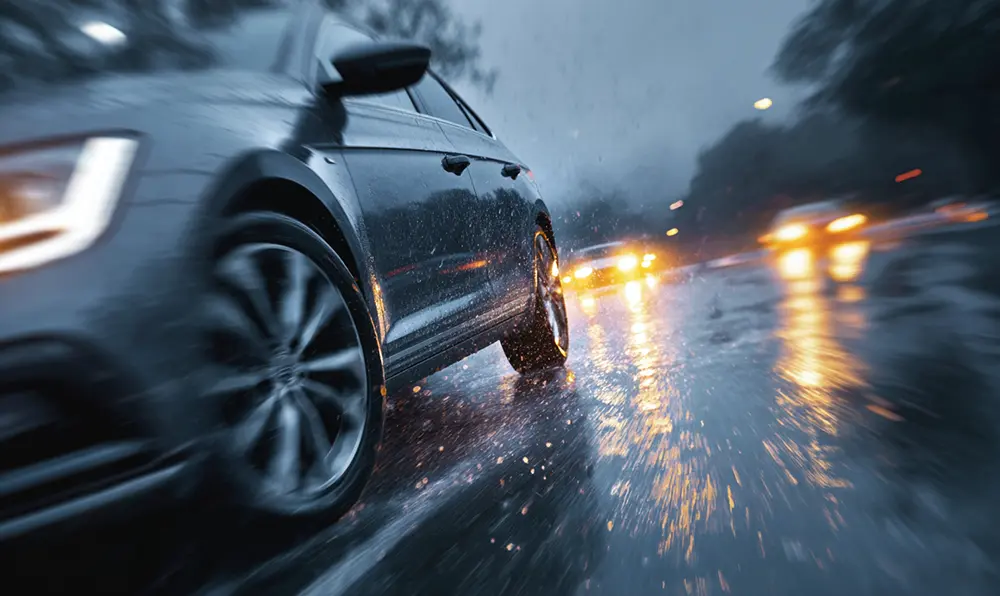 Berline circulant sous la pluie sur route mouillée, pneus Michelin en action
