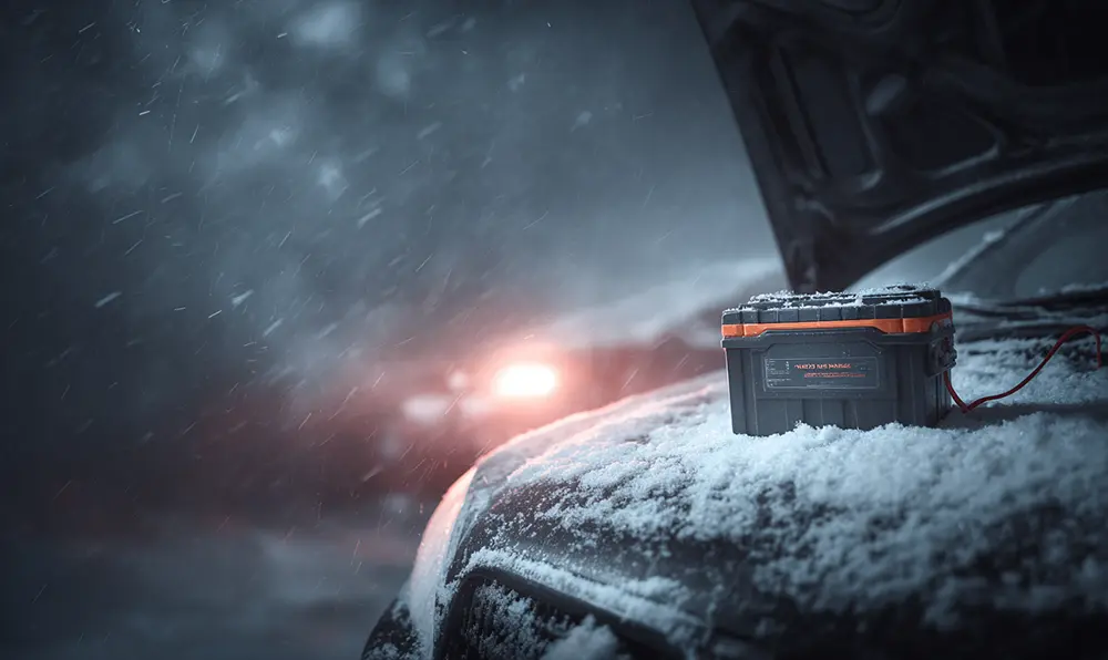 booster batterie compact sur capot voiture enneigée