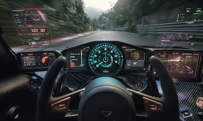 Intérieur cockpit d’une supercar avec volant et tableau de bord numérique