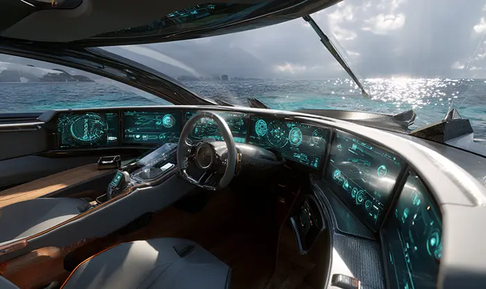 Poste de pilotage yacht Lamborghini, volant Alcantara et écrans
