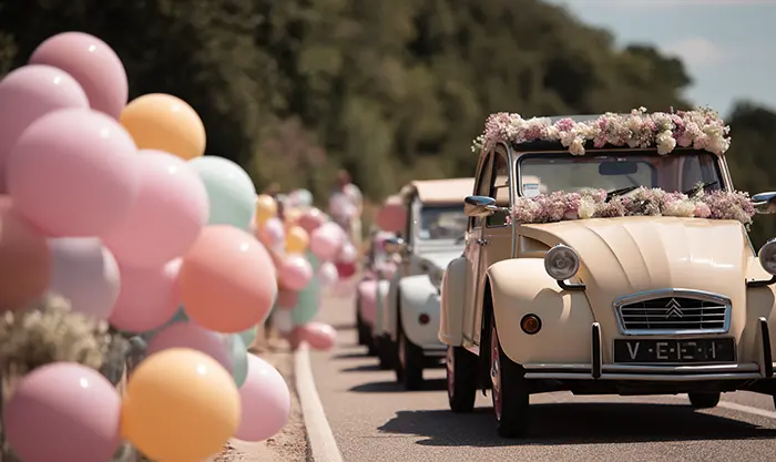 Plusieurs voitures décorées pour un mariage avec rubans et guirlandes coordonnées