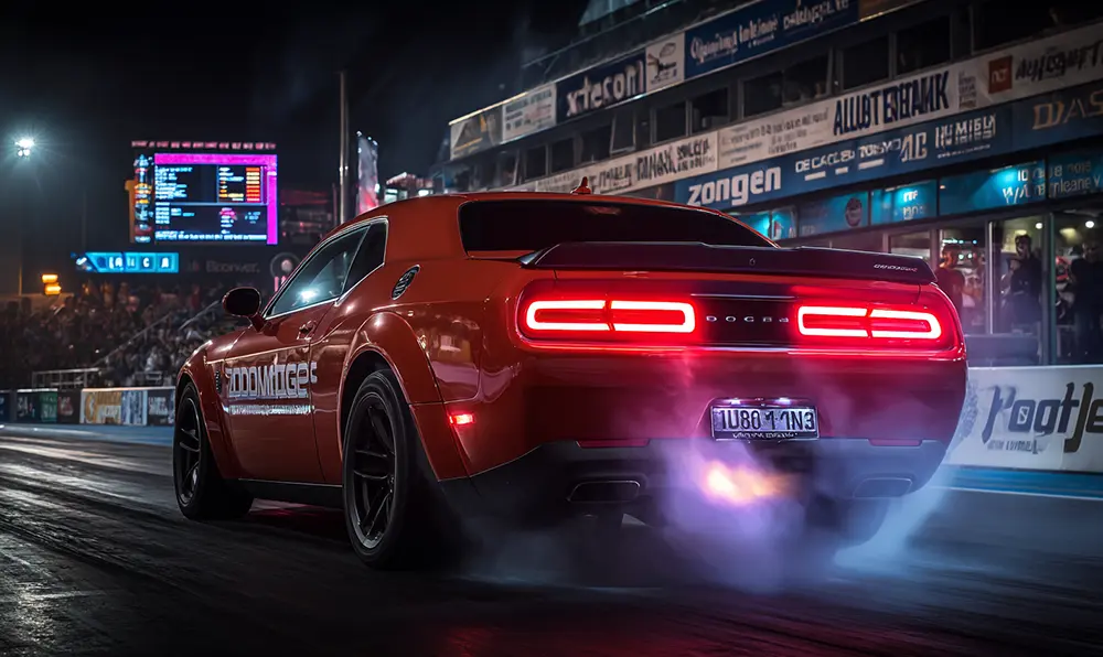Image d’une Dodge Challenger SRT Hellcat sur circuit avec fumée de pneus et ambiance dramatique
