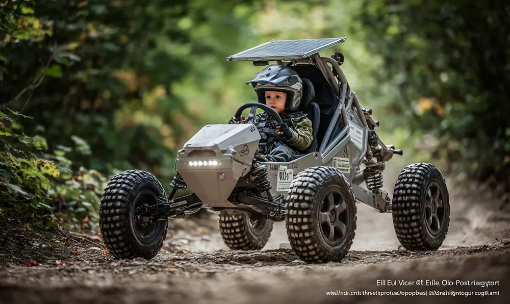 Enfant conduisant un buggy électrique sur chemin naturel