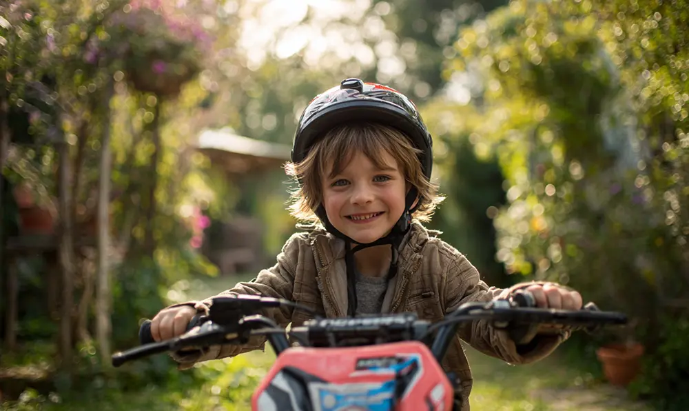 Jeune pilote en mini moto électrique, casque sur la tête dans un jardin