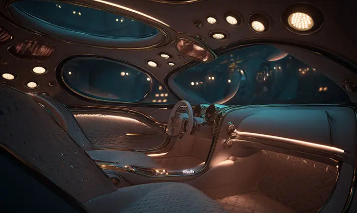 Vue de l’intérieur d’une voiture futuriste avec système audio visible