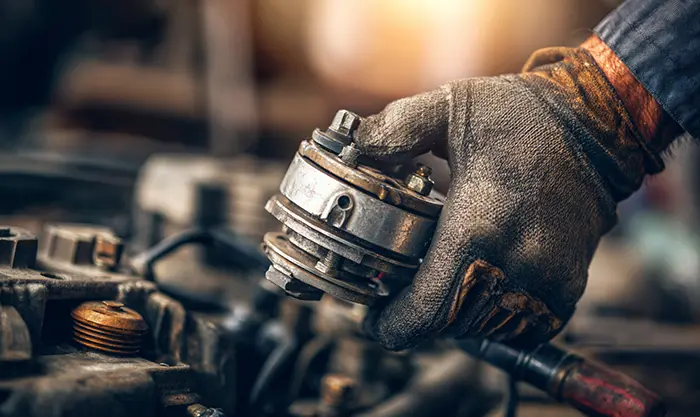 Main de garagiste vérifiant démarreur ou circuit de carburant