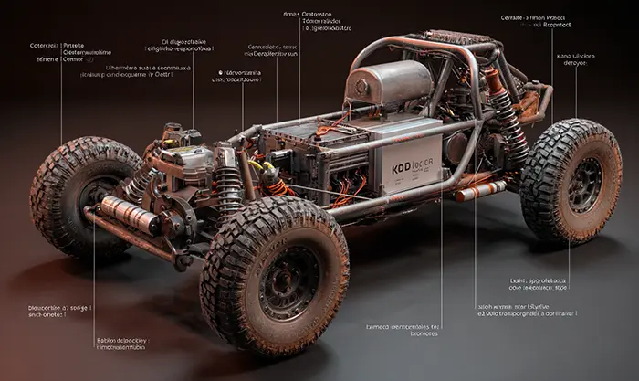 Vue rapprochée moteur brushless et batterie de buggy