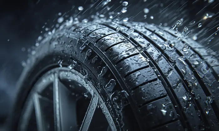 Gros plan sur rainures de pneu Michelin Primacy 4 en train d’évacuer l’eau