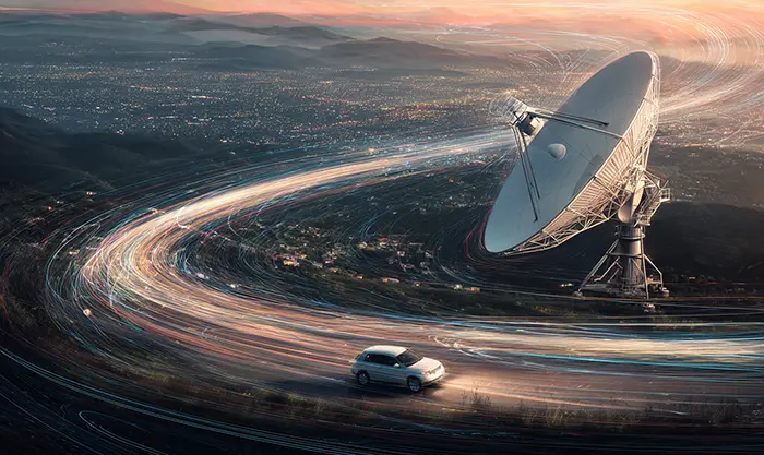Flux radio satellite autour d’un véhicule connecté illustré