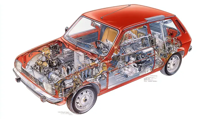 Schéma du moteur aluminium incliné à 72° de la Peugeot 104