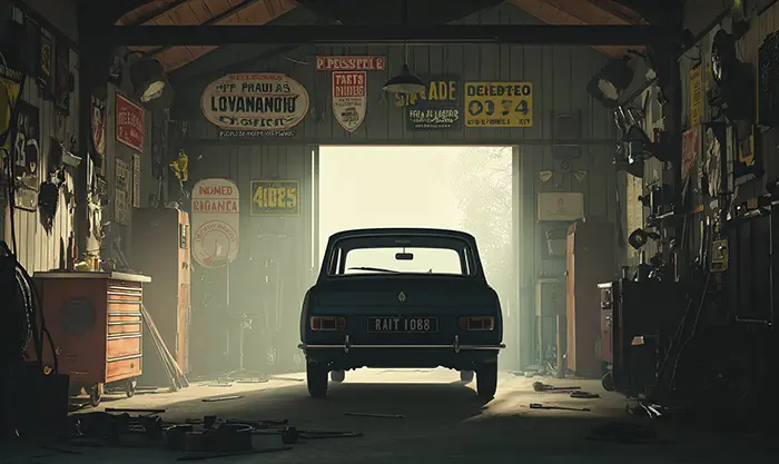 Atelier ancien avec Renault 8 en cours de restauration, outils et ambiance vintage
