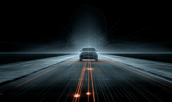 Représentation conceptuelle du scan de route par suspension active