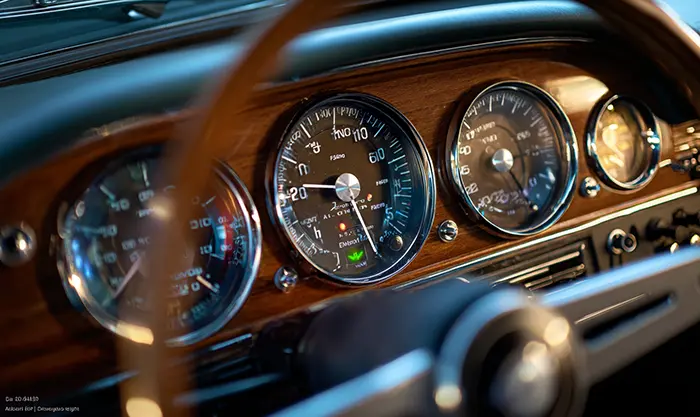 intérieur d’une Volvo P1800 : instrumentation et bois