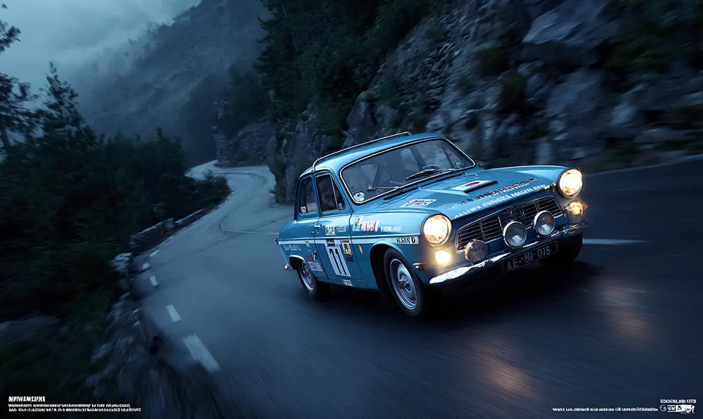 Voiture Renault 8 Gordini bleue avec bandes blanches sur route de montagne